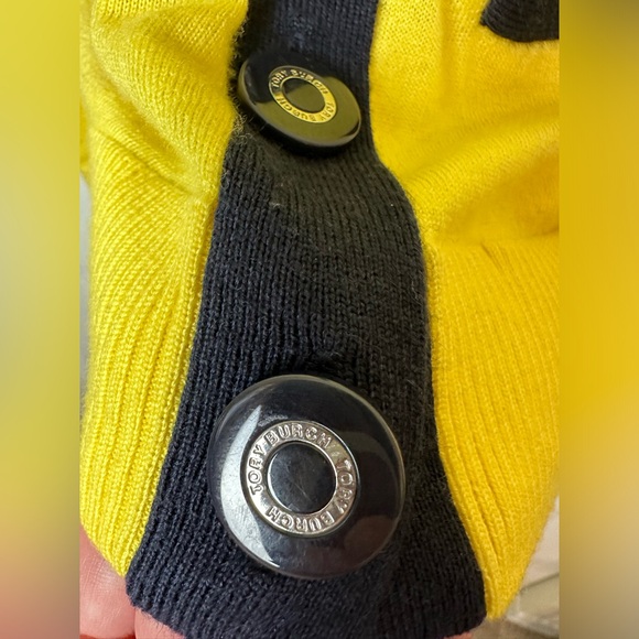 TORY BURCH Cardigan Sweater Yellow Navy Blue Merino Wool Simone Madison Knit - Picture 4 of 12